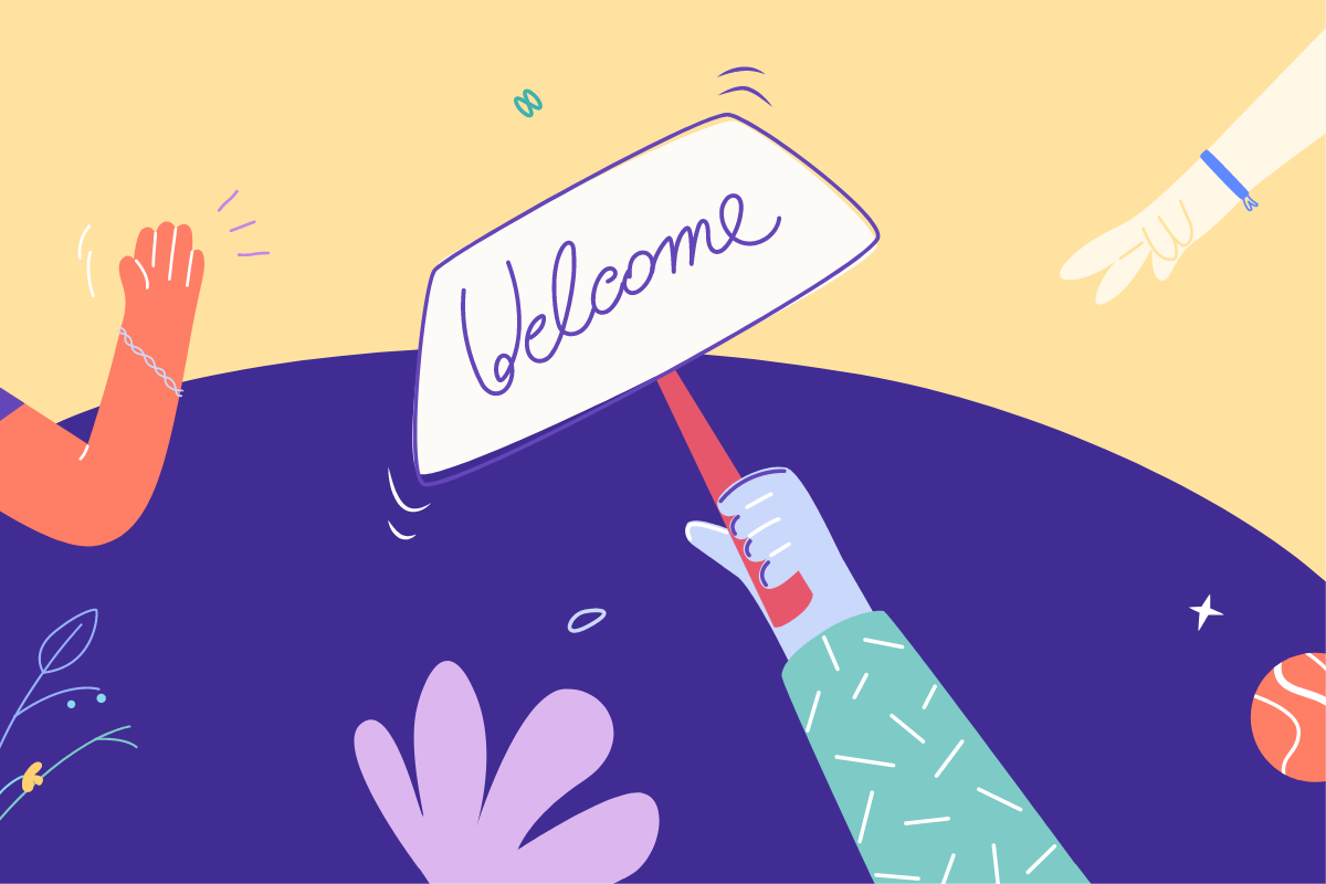 colorful vector illustration with hand holding up a welcome sign, other hands and flowers as cover image for Soturi app project