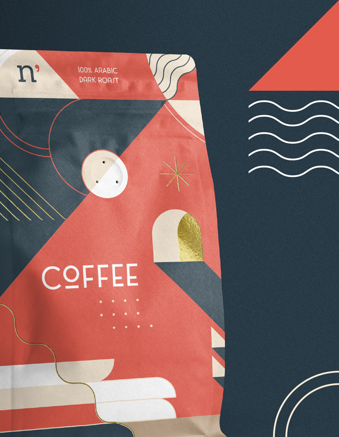 coffee packaging with blue, red and white shapes as cover image for Natastoria branding project
